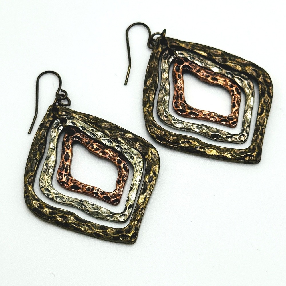 Boho Multicolor Enamel Teardrop Hammered Dangle Earrings Artisan Festival Gift